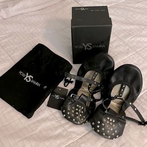 Black leather studded Yosi Samra foldable ballet flats